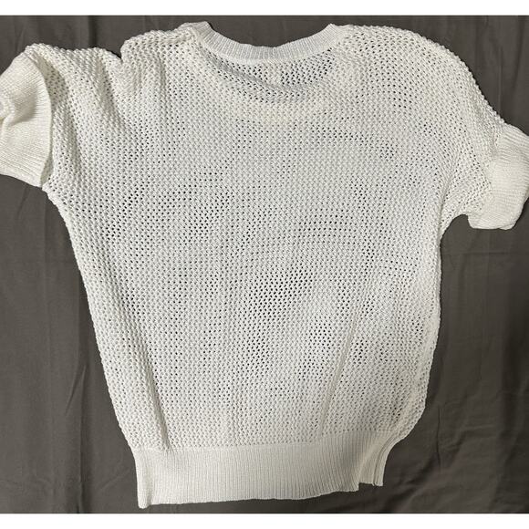 Chico’s Women’s Pullover Fishnet Sweater Knit Size 3 Beige Cuffed Short Sleeve - Picture 4 of 4